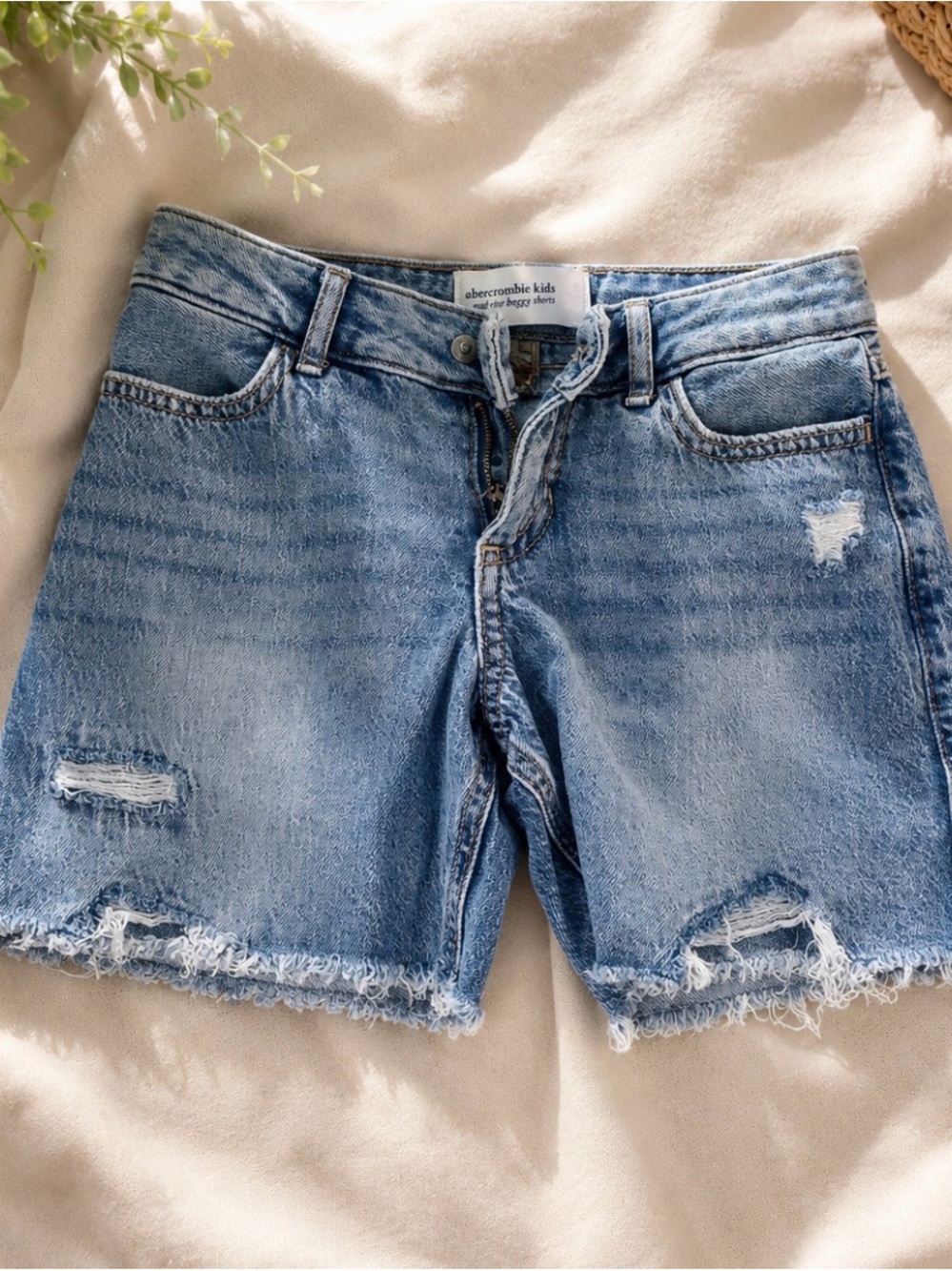 abercrombie kids faded blue distressed denim shorts